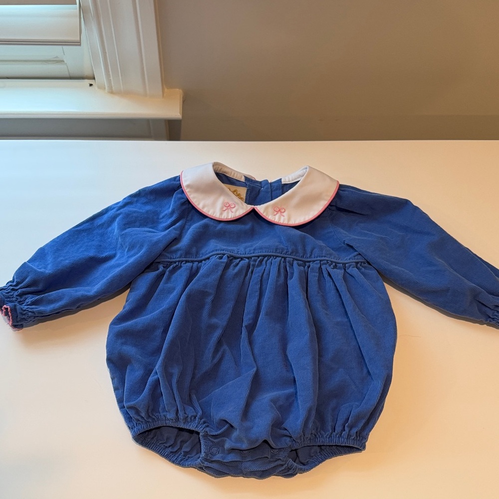 TBBC Blue corduroy bubble with white collar and pink/bow details